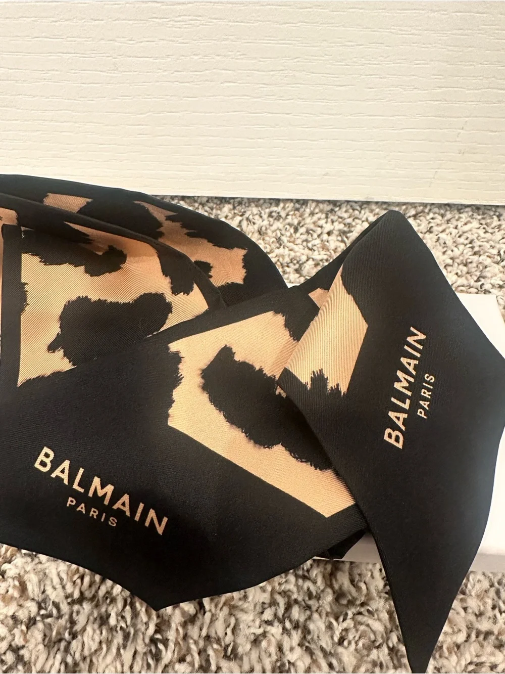 Balmain Black & Beige Animal-Print Silk Twilly Scarf